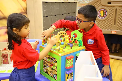 TSGE Preschool kids playing with a busy zoo Wooden activity cube activity cube, learning about different animals.